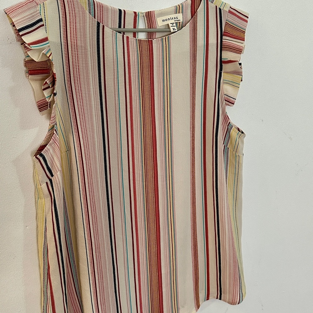 Monteau Cream Multi-Stripe Ruffle Sleeve Blouse